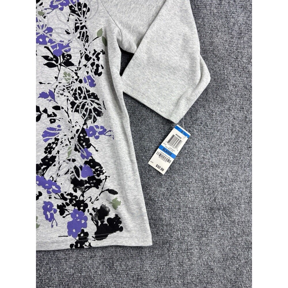 Karen Scott Top Womens XL Gray Purple Black Floral 3/4 Sleeve NWT - Picture 3 of 9